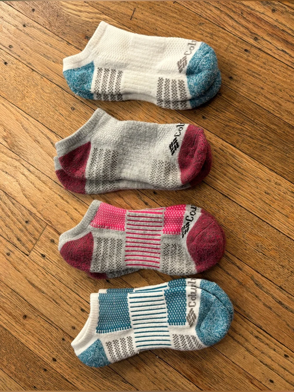 Columbia No-Show Athletic Socks in White with Blue and Pink Accents
